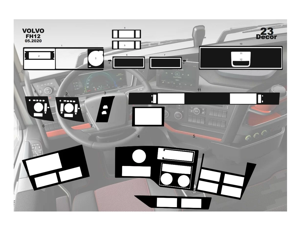 Volvo FH Verzia 5 ab 2020 XL XXL 3D Súprava obloženia palubnej dosky interiéru Dekorácia palubnej dosky 23 dielov - 1