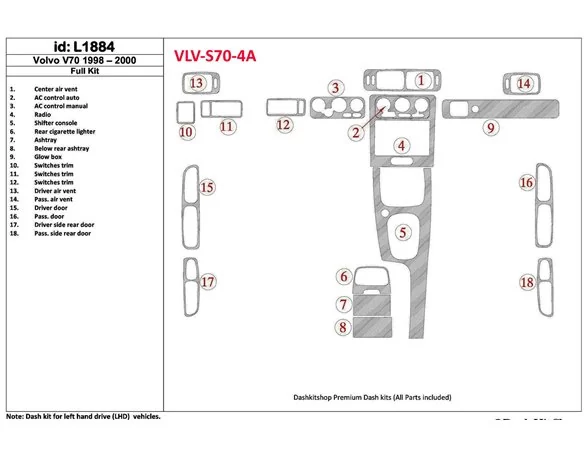 Volvo S70 1998-2000 Kompletná sada, 18 dielov Súprava interiéru BD Dash Trim Kit - 1