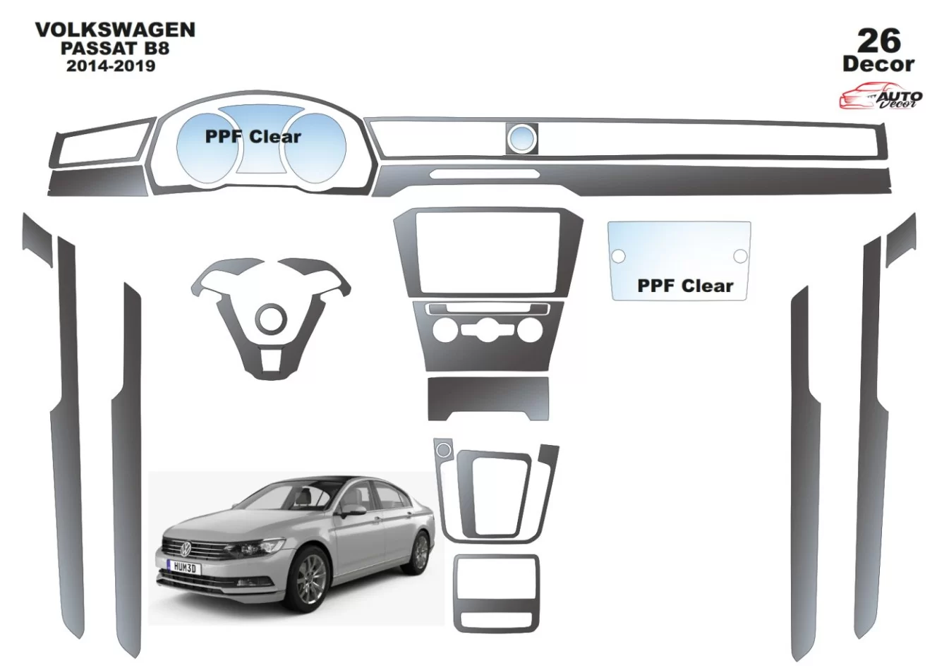 Volkswagen Passat B8 2015-2018 3D súprava obloženia palubnej dosky interiéru 26-dielna súprava obloženia palubnej dosky - 1