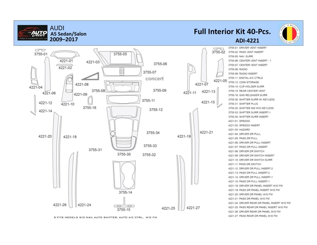 Audi A5 2008–2016 Súprava obloženia palubnej dosky WHZ interiéru 40 dielov - 1