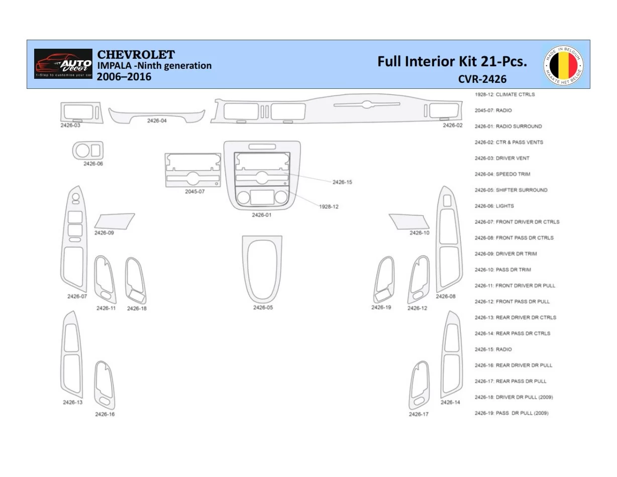 Chevrolet Impala 2006-2015 Interiér WHZ Súprava obloženia palubnej dosky 21 dielov - 1