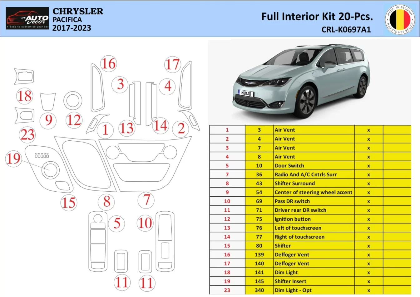 Chrysler Pacifica 2017-2023 Interiér WHZ Ozdobná súprava palubnej dosky 18 dielov - 1