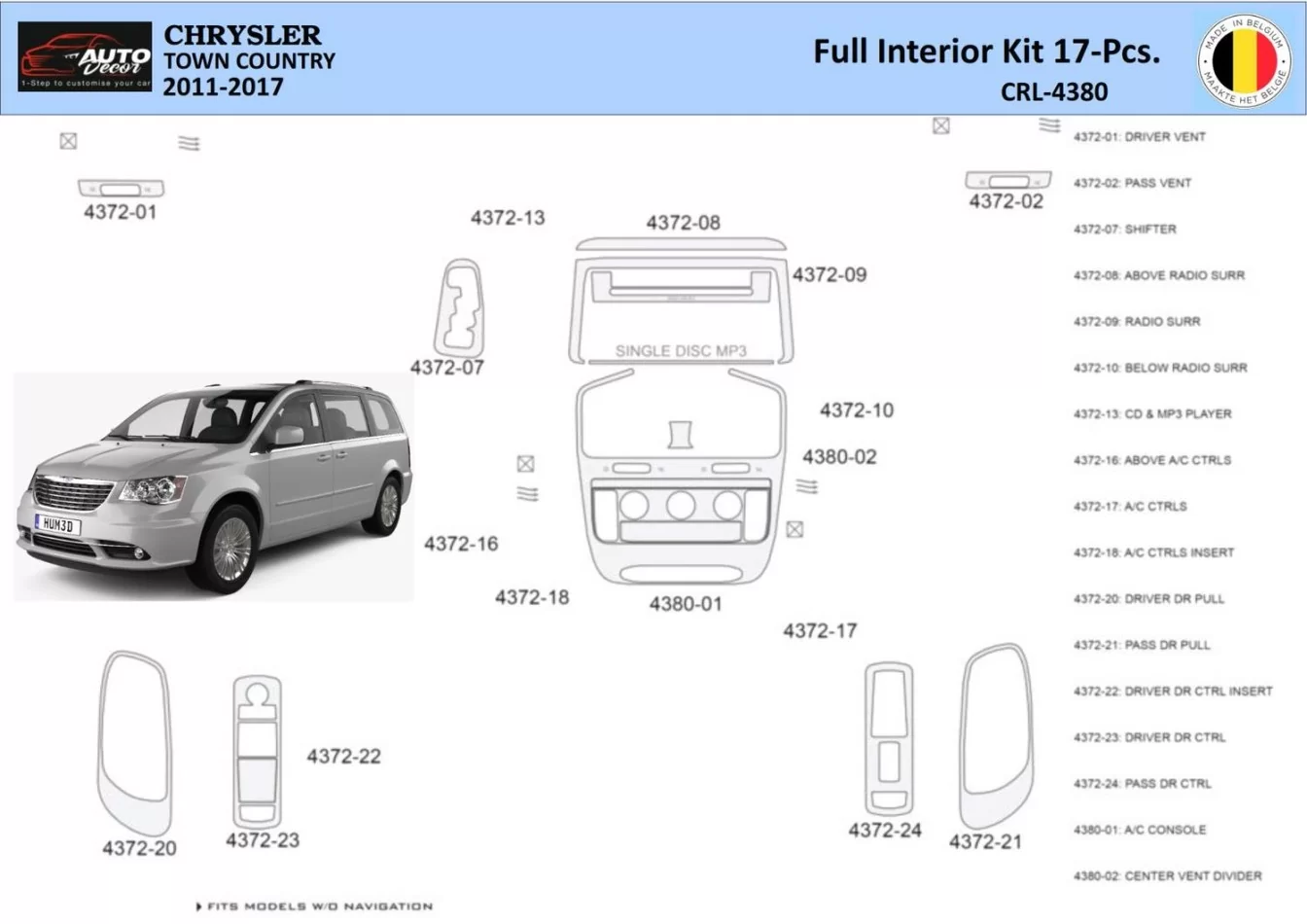 Chrysler Town Country 2011-2016 Interiér WHZ Súprava obloženia palubnej dosky 18 dielov - 1