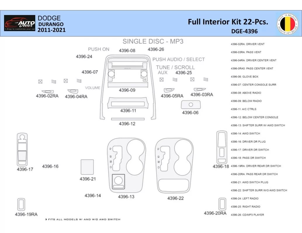 Dodge Durango WD 2011-2022 Súprava obloženia palubnej dosky WHZ interiéru 22 dielov - 1