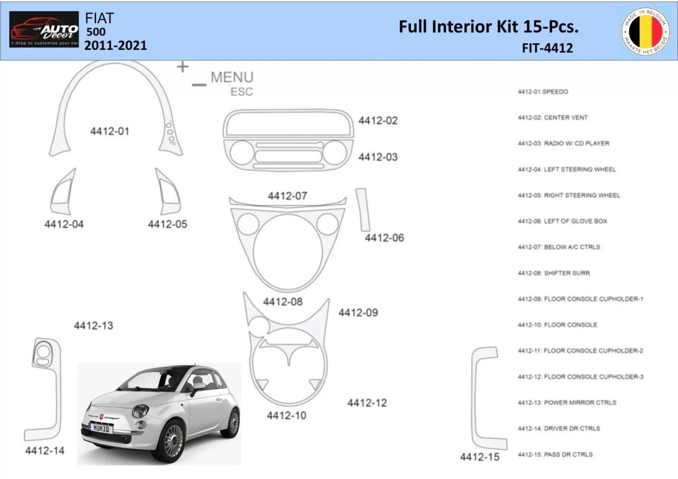 Fiat 500 2008-2020 Interiér WHZ Súprava obloženia palubnej dosky 15 dielov - 1