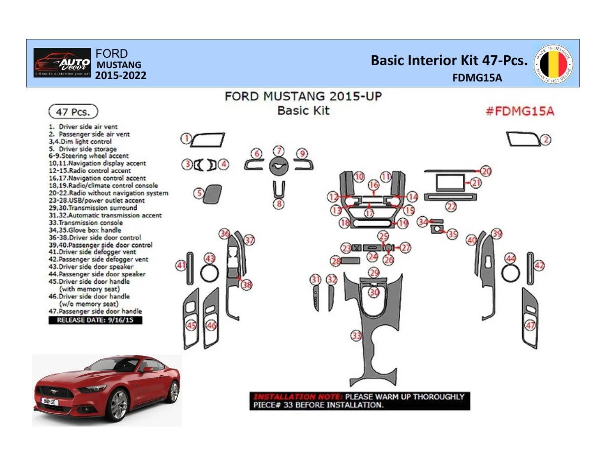 Ford Mustang 2015-2023 Súprava obloženia palubnej dosky WHZ interiéru 47 dielov - 1