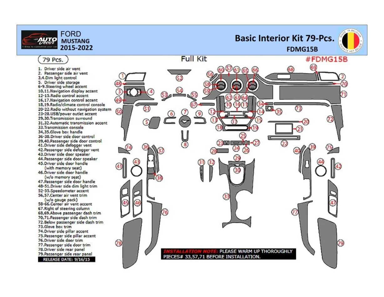 Ford Mustang 2015-2023 Súprava obloženia palubnej dosky WHZ interiéru 67 dielov - 1