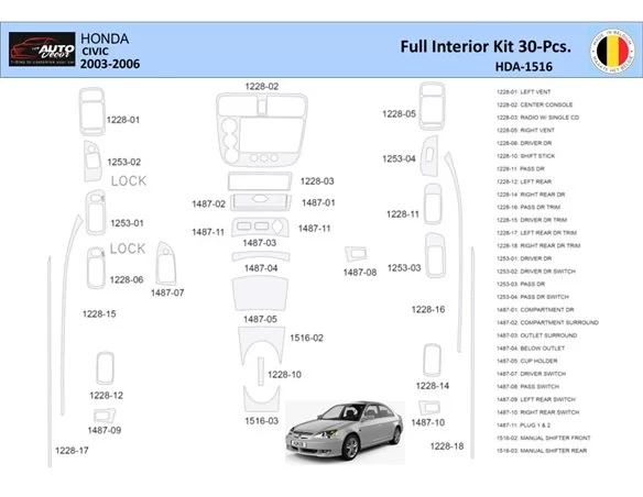 Honda Civic 2002-2005 Interiér WHZ Súprava obloženia palubnej dosky 30 dielov - 1