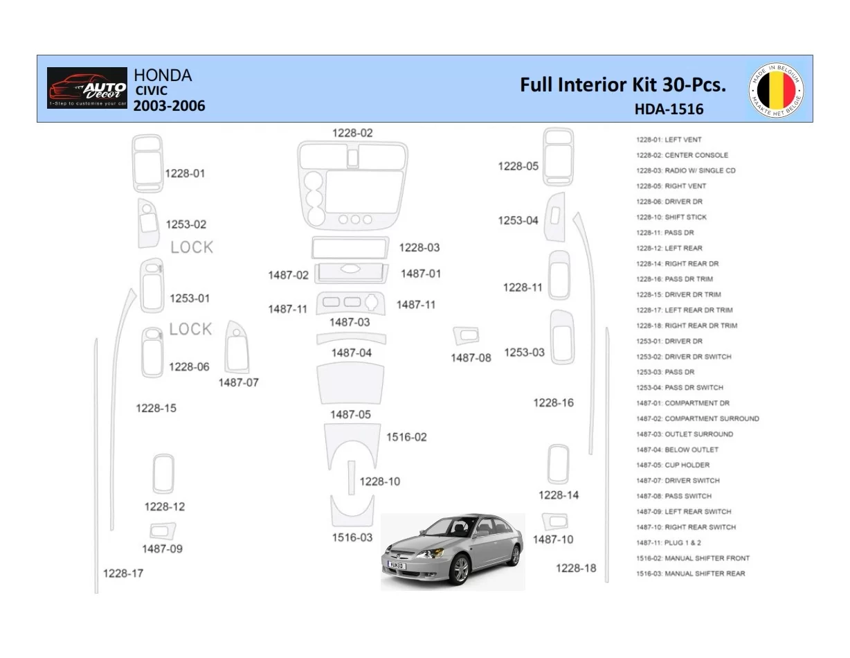 Honda Civic 2002-2005 Interiér WHZ Súprava obloženia palubnej dosky 30 dielov - 1