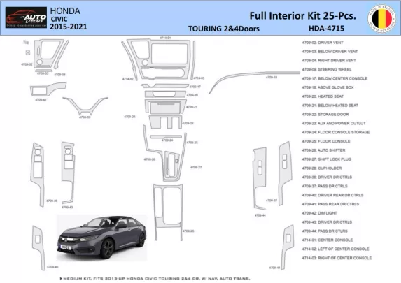 Honda Civic XI 2015-2021 Súprava obloženia palubnej dosky interiéru WHZ 25 dielov - 1