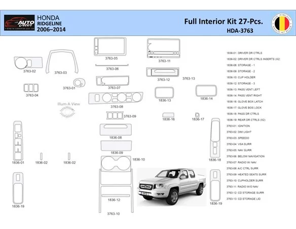 Honda Ridgeline YK1 2009-2017 Interiér WHZ Súprava obloženia palubnej dosky 27 dielov - 1