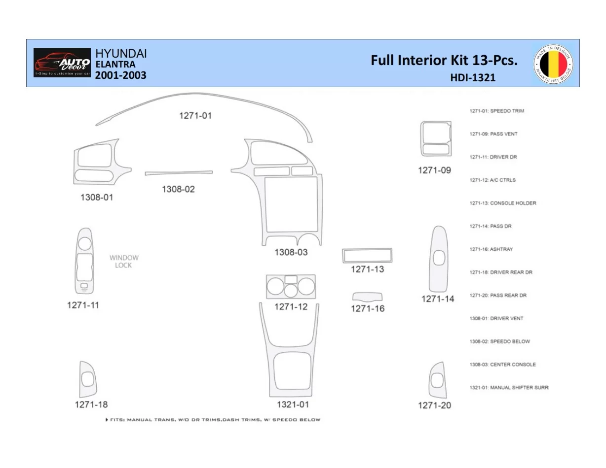 Hyundai Elantra 2001-2003 Interiér WHZ Súprava obloženia palubnej dosky 13 dielov - 1