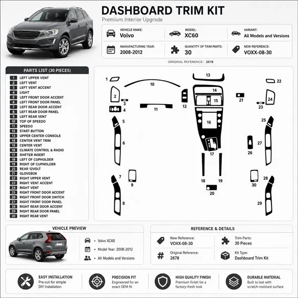 Volvo XC60 2008-2012 3D dekor palubnej dosky, 30 dielov