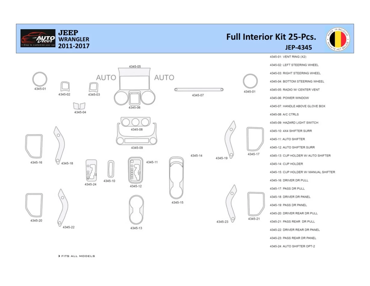 Jeep Wrangler 2011-2017 Súprava obloženia palubnej dosky WHZ interiéru 25 dielov - 1
