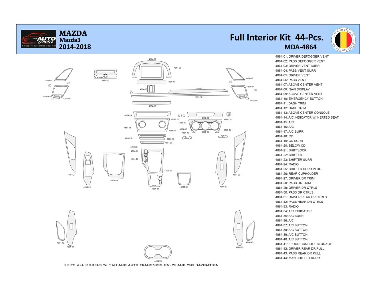 Mazda 3 2014-2018 Súprava obloženia palubnej dosky WHZ interiéru 44 dielov - 1