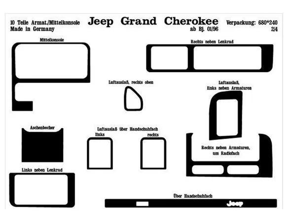 Chrysler Grand Cherokee 01.1996 Súprava obloženia palubnej dosky 3D interiéru Dekorácia palubnej dosky 10 dielov