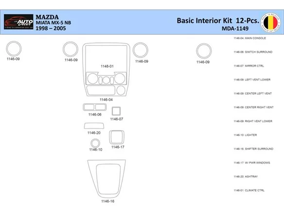 Mazda MX5 2000 Interiér WHZ Súprava obloženia palubnej dosky 12 dielov - 1
