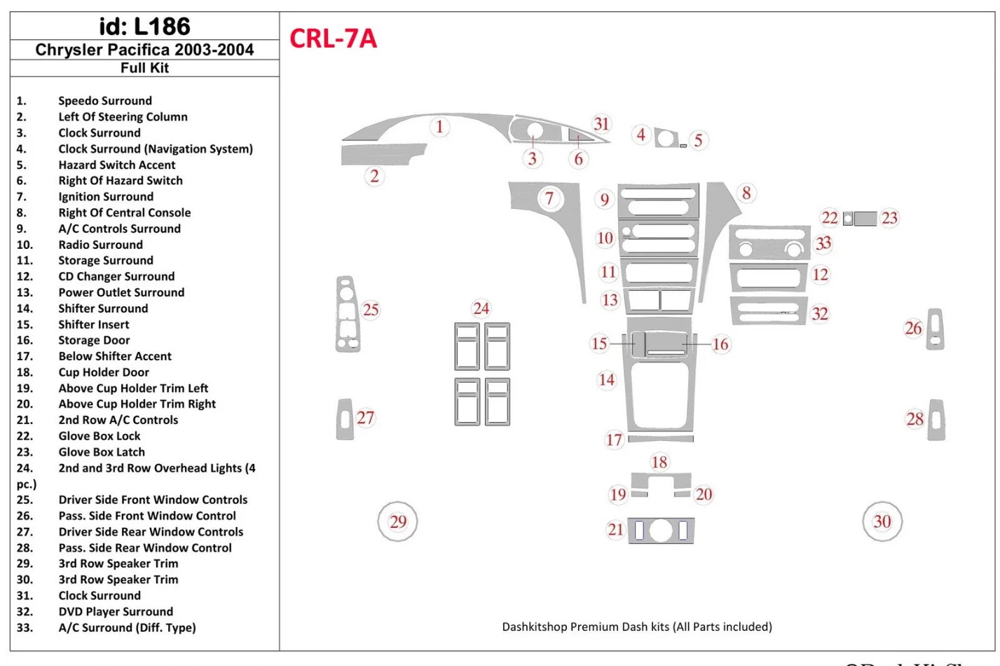 Chrysler Pacifica 2003-2004 Kompletná sada, OEM zhoda interiéru BD Dash Trim Kit - 1