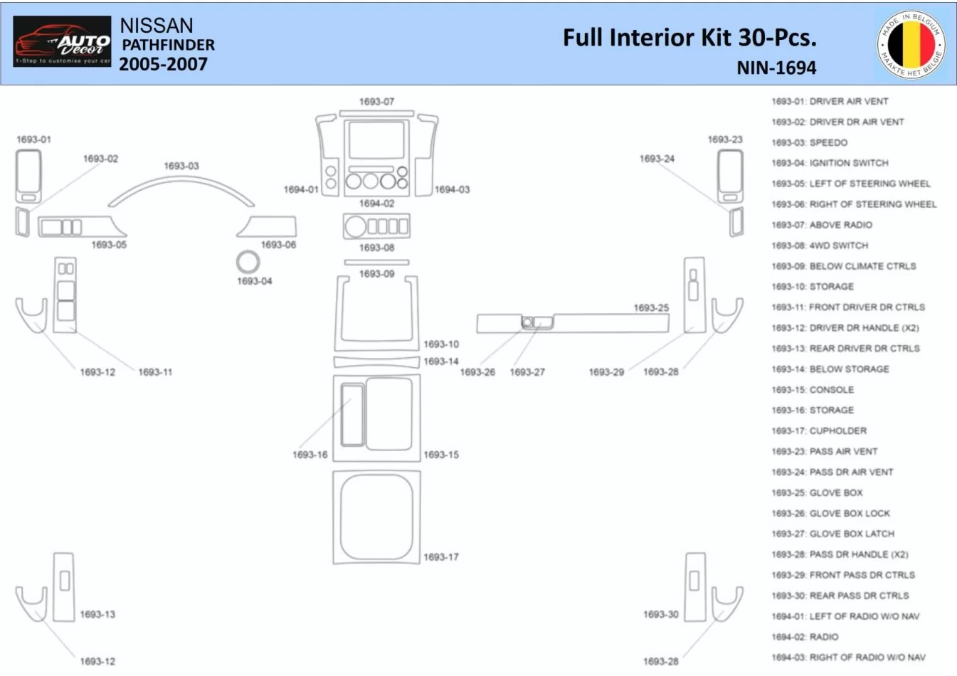 Sada obloženia palubnej dosky Nissan Pathfinder 205 interiéru WHZ 30 dielov - 1