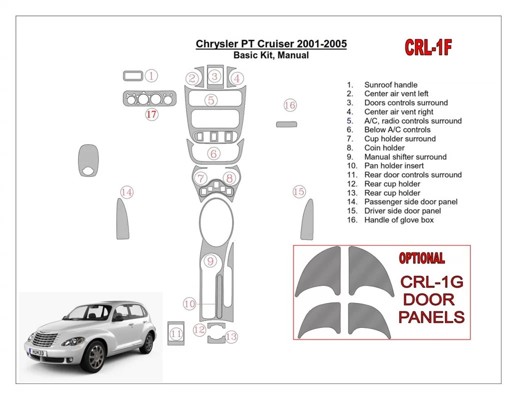 Chrysler PT Cruiser 2001-2005 základná sada, manuálna prevodovka, sada 16 dielov Interiér BD Dash Trim Kit - 1