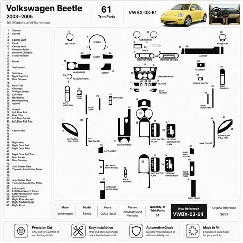 Volkswagen Beetle 2003-2005 3D dekor palubnej dosky, 61 dielov