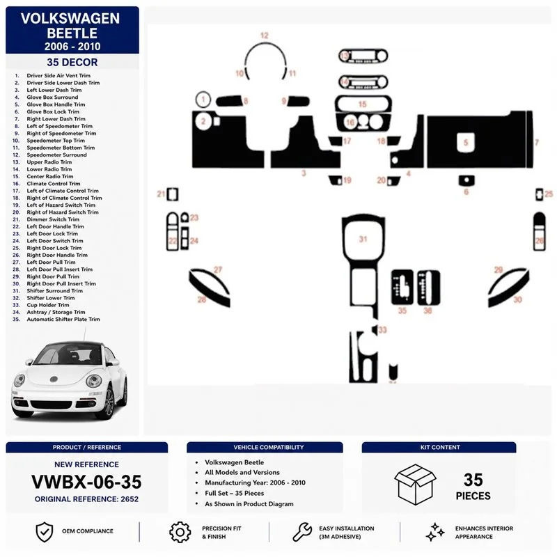 Volkswagen Beetle 2006-2010 3D dekor palubnej dosky, 35 dielov