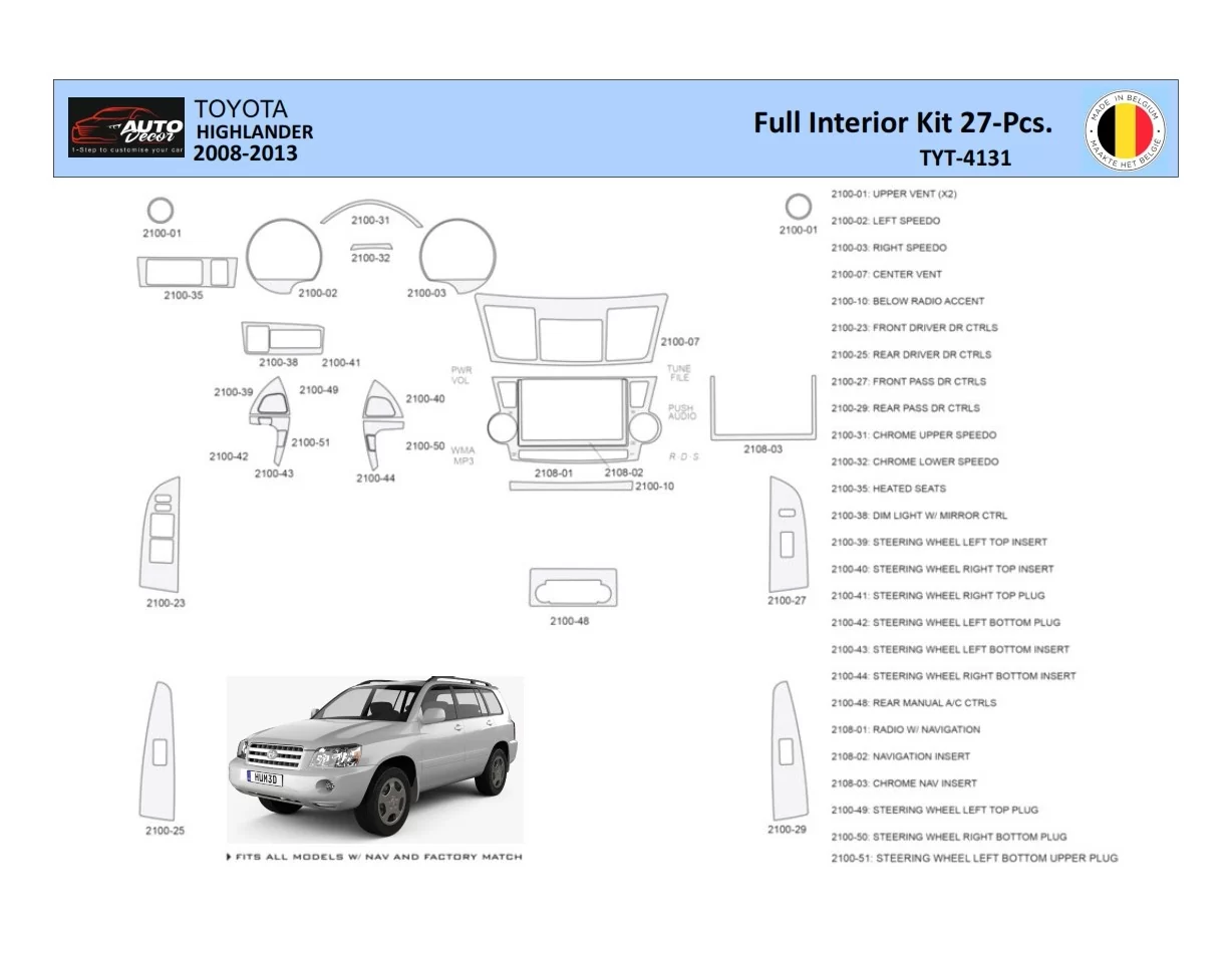 Súprava obloženia palubnej dosky Toyota Highlander 2008-2013 interiéru WHZ 27 dielov - 1