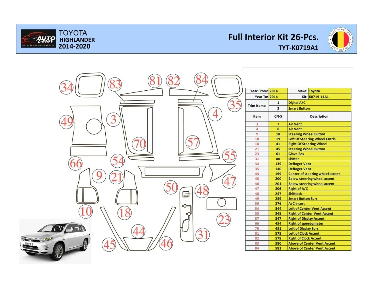 Súprava obloženia palubnej dosky Toyota Highlander 2013-2016 interiéru WHZ 26 dielov - 1