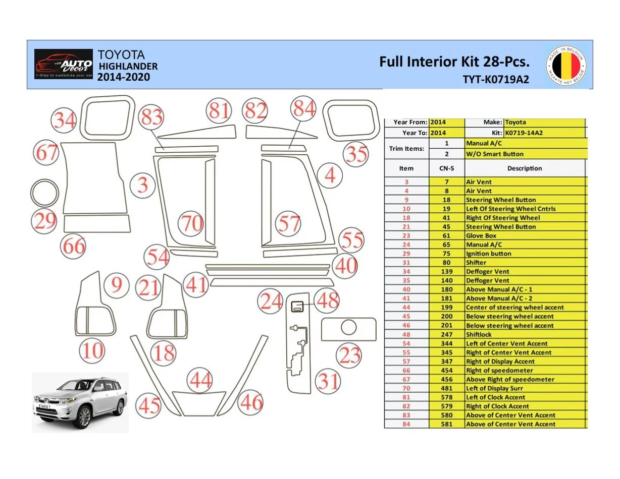 Súprava obloženia palubnej dosky Toyota Highlander 2013-2016 interiéru WHZ 28 dielov - 1