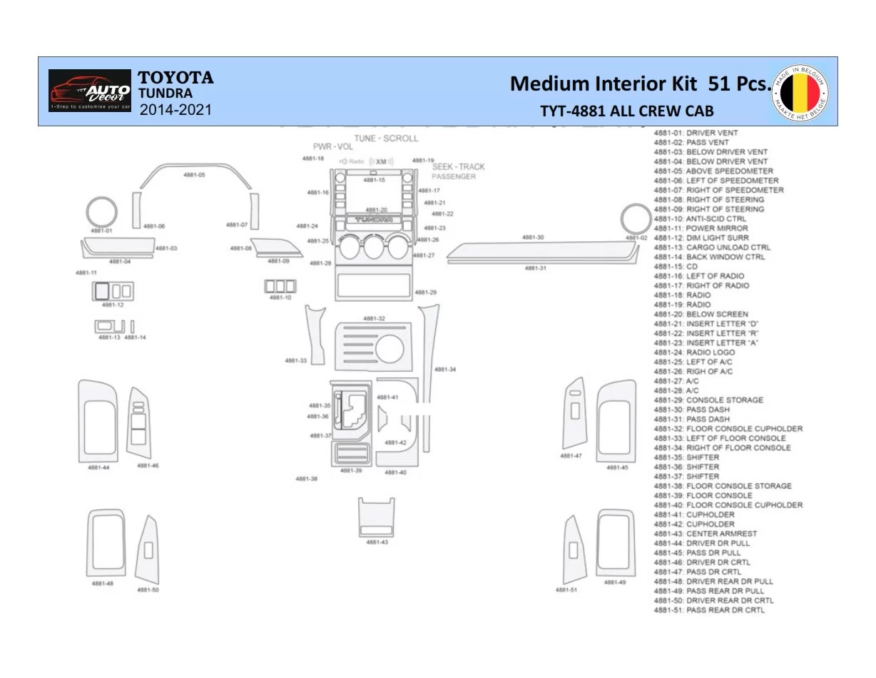 Súprava obloženia palubnej dosky Toyota Tundra 2014-2021 interiéru WHZ 51 dielov - 1