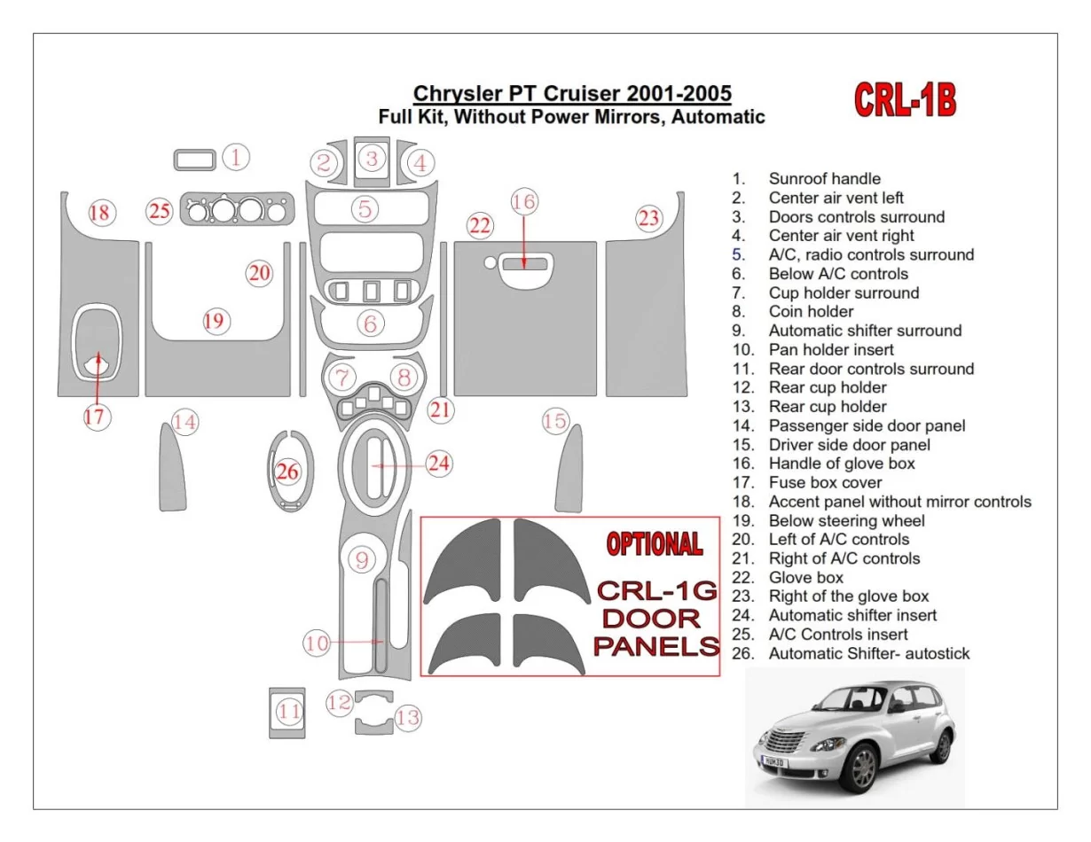 Chrysler PT Cruiser 2001-2005 Kompletná sada, bez elektricky ovládaných zrkadiel, automatická prevodovka, sada 24 dielov Interié