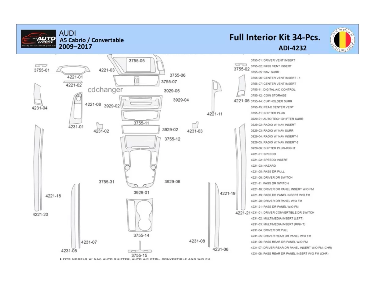 Audi A5 Cabrio 2008–2016 Interiér WHZ Súprava obloženia palubnej dosky 40 dielov - 1