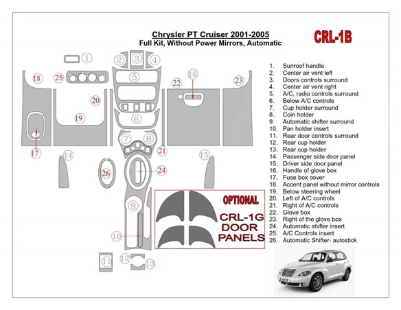 Chrysler PT Cruiser 2001-2005 Kompletná sada, bez elektricky ovládaných zrkadiel, automatická prevodovka, sada 24 dielov Interié