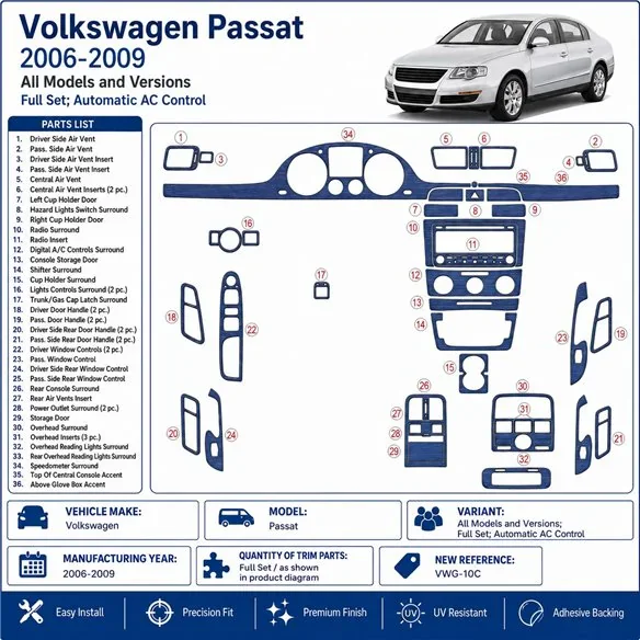 Volkswagen Passat 2006-2009 kompletná sada, Automatic AC Control 3D dekor palubnej dosky