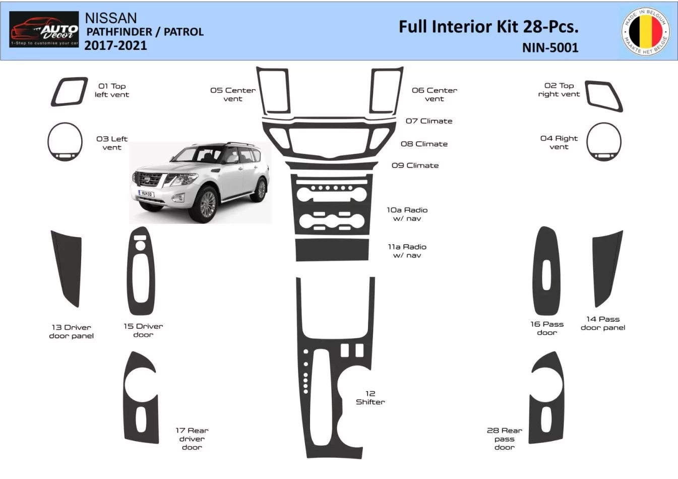 Nissan Pathfinder Patrol 2017-2021 interiérová súprava obloženia palubnej dosky WHZ 28 dielov - 1
