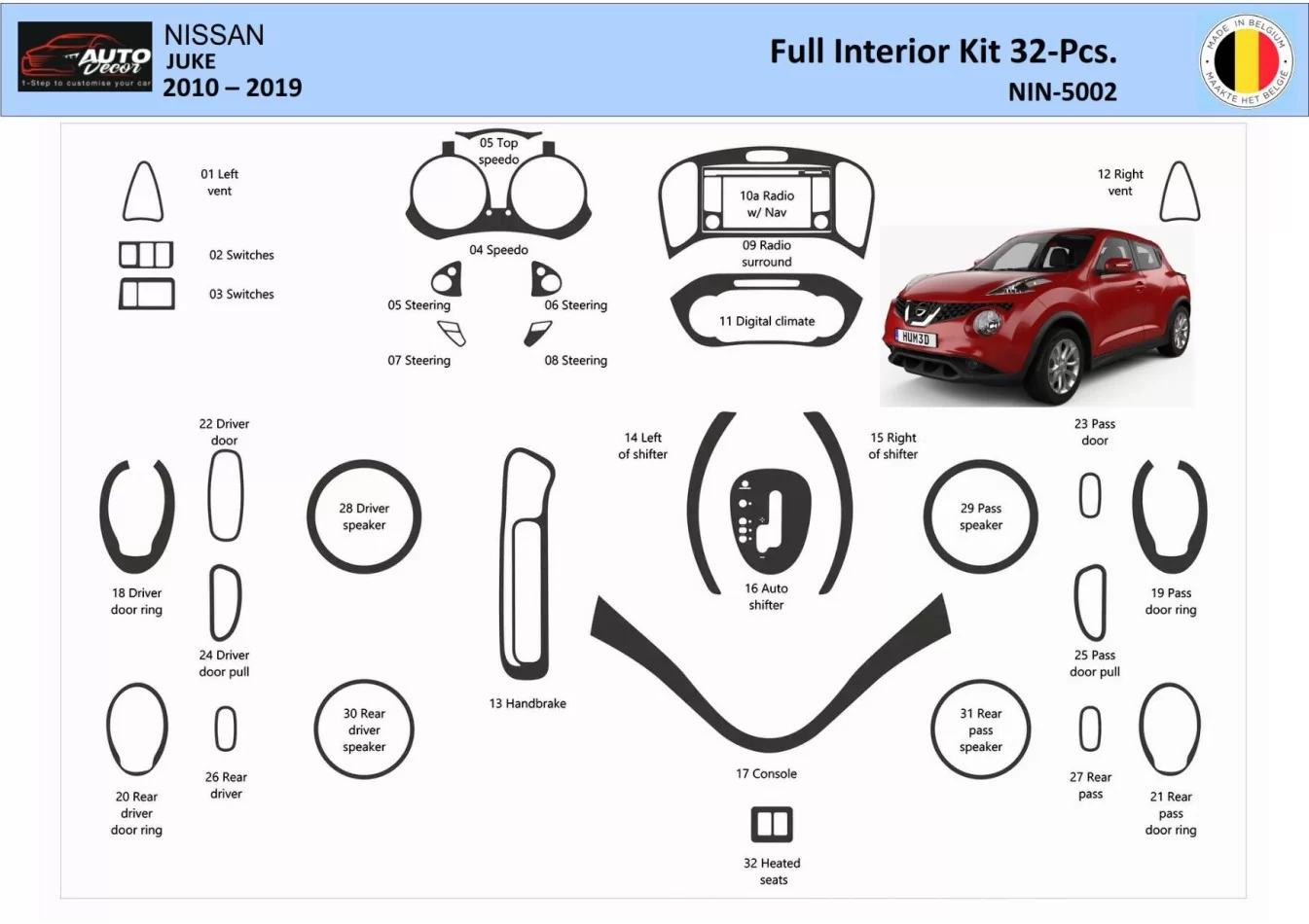 Nissan Juke 2011-2017 3D súprava obloženia palubnej dosky interiéru 32-dielna súprava obloženia palubnej dosky - 1