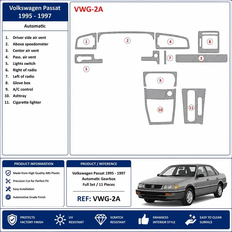 Volkswagen Passat 1995-1997 automatická prevodovka 3D dekor palubnej dosky, 11 dielov
