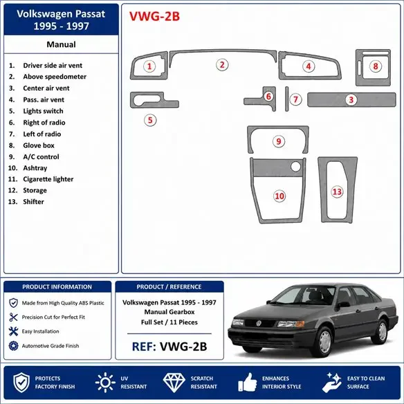 Volkswagen Passat 1995-1997 manuálna prevodovka 3D dekor palubnej dosky, 11 dielov
