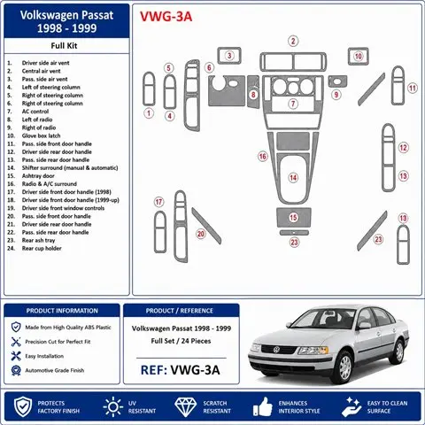 Volkswagen Passat 1998-1999 kompletná sada 3D dekor palubnej dosky, 24 dielov