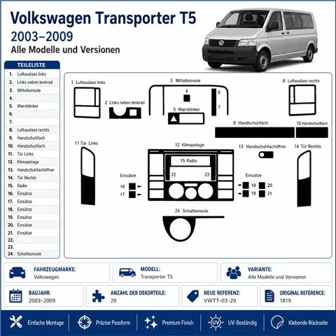 Volkswagen Transporter T5 2003-2009 3D dekor palubnej dosky, 29 dielov 2