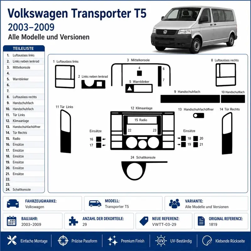 Volkswagen Transporter T5 2003-2009 3D dekor palubnej dosky, 29 dielov