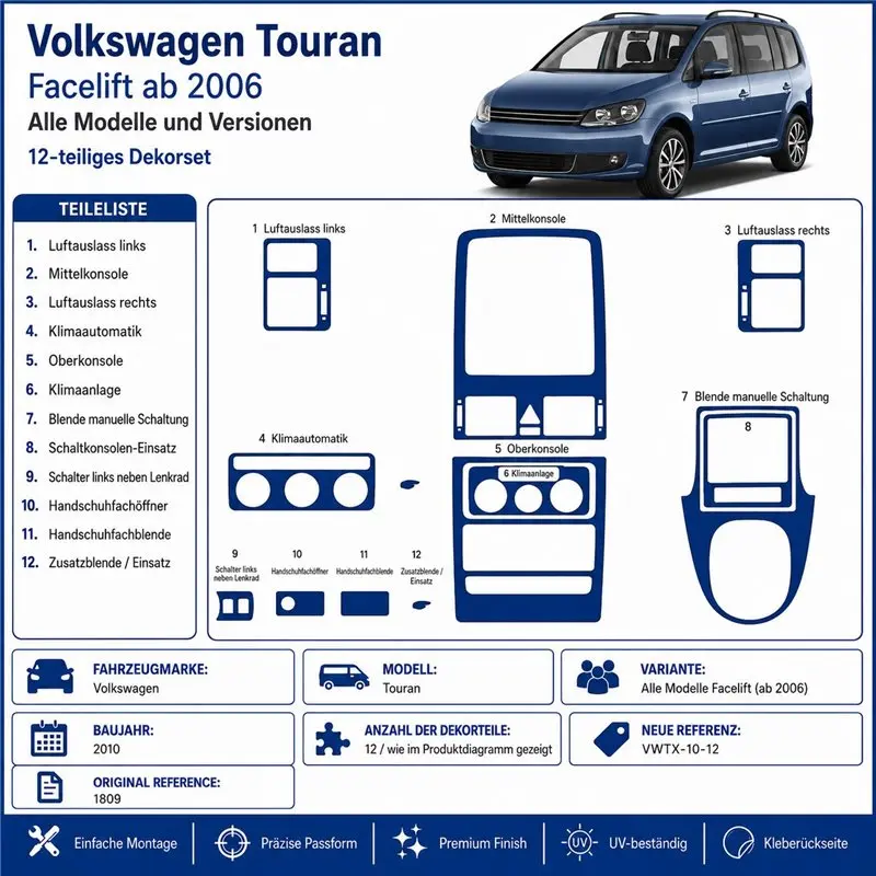 Volkswagen Touran 2010 3D dekor palubnej dosky, 12 dielov