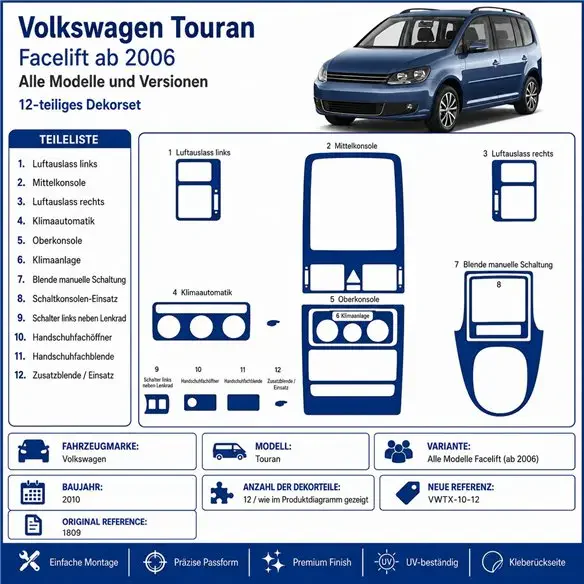 Volkswagen Touran 2010 3D dekor palubnej dosky, 12 dielov