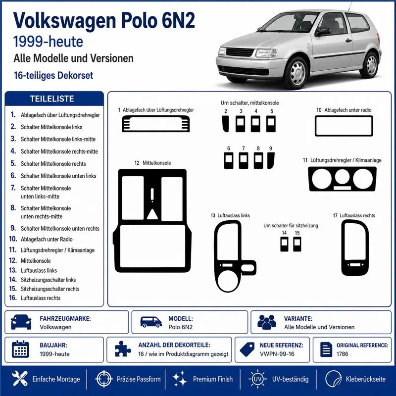 Volkswagen Polo 6N2 1999+-08 01 3D dekor palubnej dosky, 16 dielov