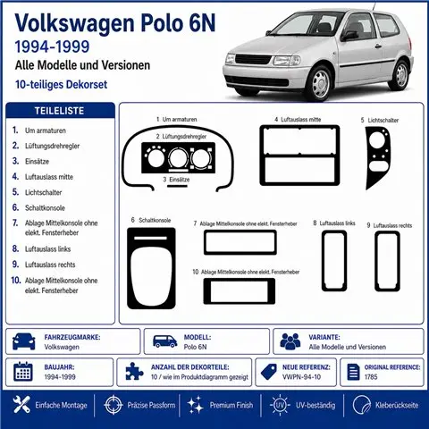 Volkswagen Polo 6N 1994-1999 3D dekor palubnej dosky, 10 dielov 2