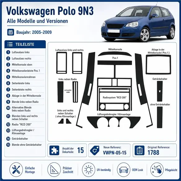 Volkswagen Polo 9N3 2005-2009 3D dekor palubnej dosky, 15 dielov