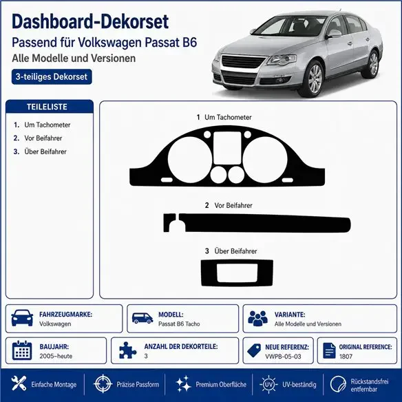 Volkswagen Passat B6 Tacho 2005+ 2010+ 3D dekor palubnej dosky, 3 dielov