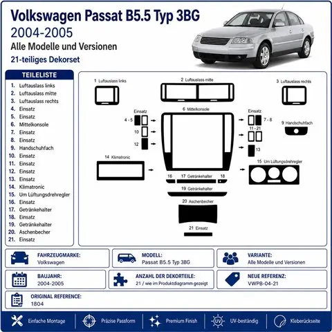 Volkswagen Passat B5.5 Typ 3BG 2004-2005 3D dekor palubnej dosky, 21 dielov 2