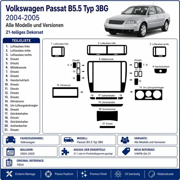 Volkswagen Passat B5.5 Typ 3BG 2004-2005 3D dekor palubnej dosky, 21 dielov