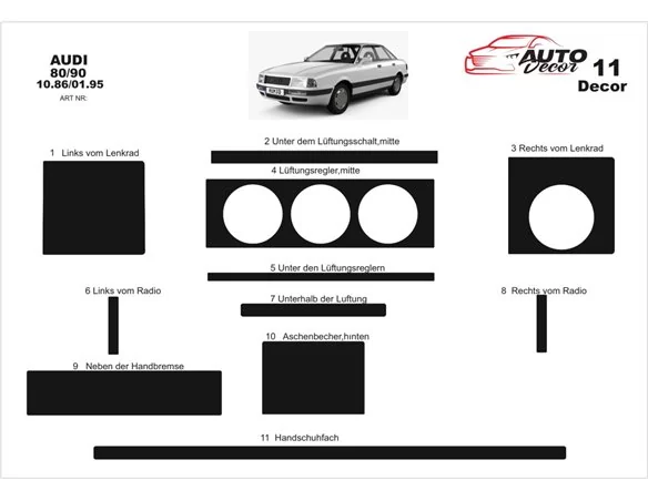 Audi 80 90 B4 10,86-01,95 3D Súprava obloženia palubnej dosky interiéru Dekorácia palubnej dosky 11 dielov